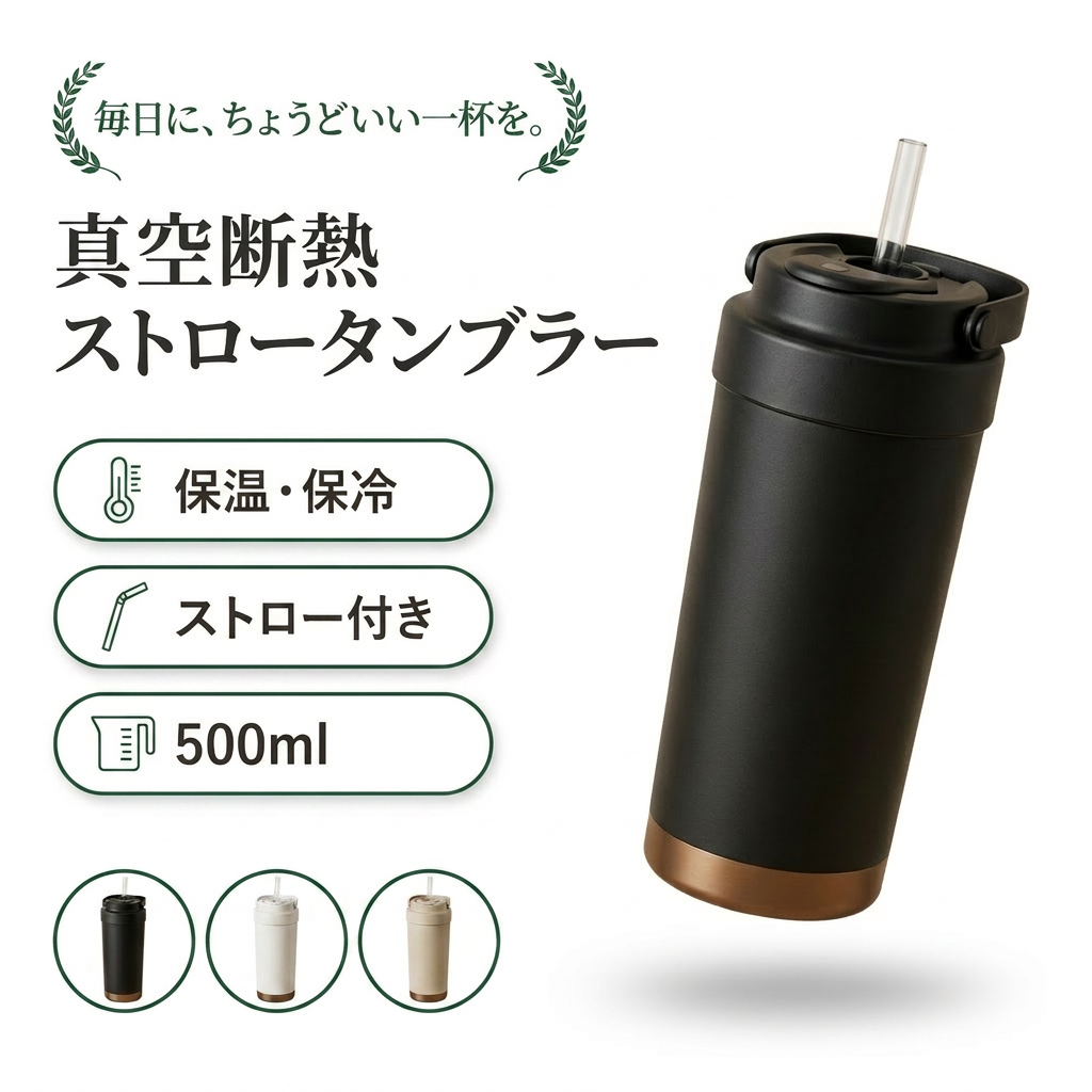 真空断熱ストロータンブラー 500ml（ストロー付き・セラミックコーティング）