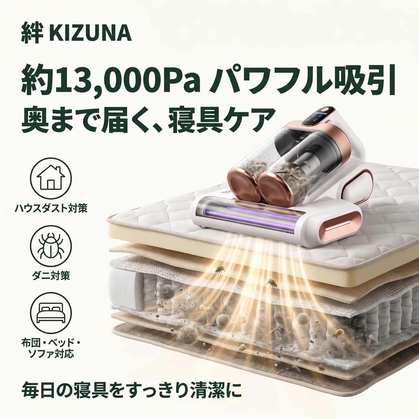 KIZUNA 清-Sei- UV除菌ふとんクリーナー — 約13,000Pa×UV除菌×ワイドローラー
