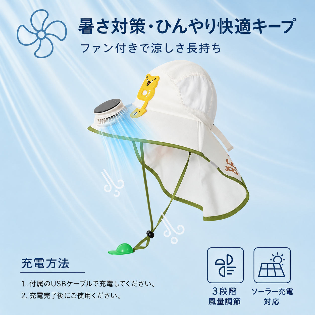 KIZUNA 木陰-Kokage- 子供用ソーラーファンハット — UPF50+×2WAY充電×首まで守るケープ