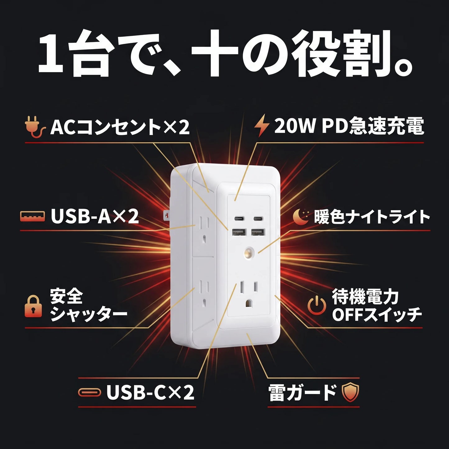 1台10役 壁挿し電源タップ｜USB-C×2・雷ガード・暖色ナイトライト・安全シャッター